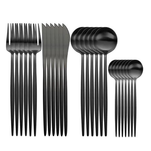 Image of 24-Piece Flatware Set, Stainless Steel Knife Fork Spoon, Home Dinnerware Tableware Set for 6,Stainless Steel Cutlery Set for Home, Kitchen, Restaurant, Utensils (Black)