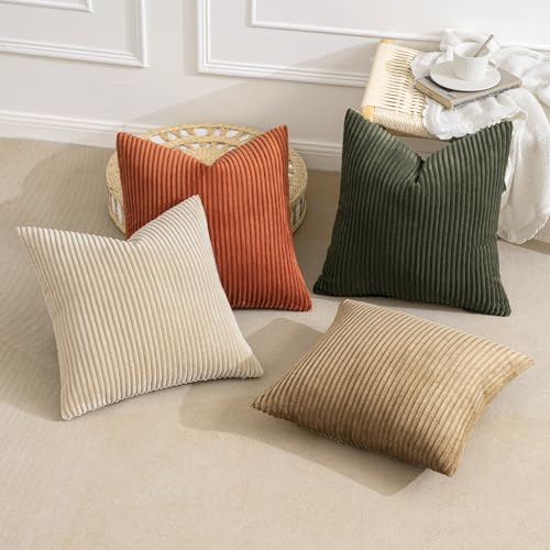 Image of MIULEE Boho Farmhouse Throw Pillow Covers 18x18 Inch Set of 4 Rustic Modern Neutral Cushion Covers Soft Corduroy Nordic Fall Home Decor for Couch Bed Sofa Living Room Rust-Olive Green