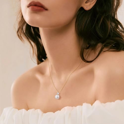 Juvux Necklaces for Women Silver Pearl Pendant Necklace-S925 Sterling Silver Necklace 10mm Pearl Trendy Charm Jewelry for Women Gifts for Anniversary Wedding Birthday (CZ Gold Plated) — view 2