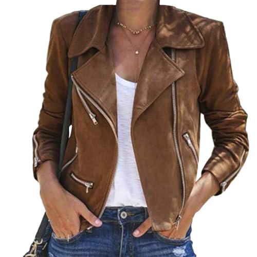 ORANDESIGNE Cachi Giacca Corta da Donna in Pelle PU Giacca PU Biker Giacca per l'autunno e l'inverno Biker Motocicletta Giacchetto B Cachi M