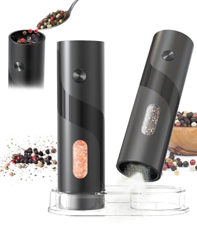 Macina sale e pepe elettrica, riempimento dall'alto, regolazione della macinatura in 5 livelli, grande capacità da 120 ml, set di 2 macina pepe a batteria – completo di base e luce LED bianca.