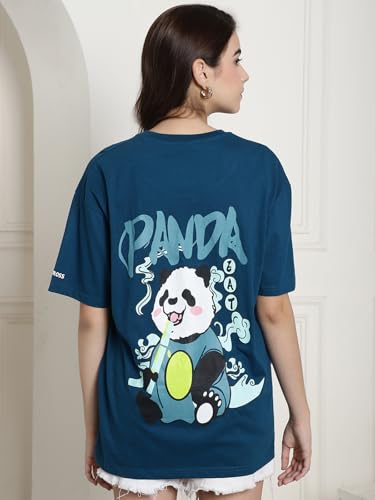Image of Preneum Women's Cotton Graphic Printed Baggy Fit Drop-Shoulder Sleeves Cotton Oversized T-Shirt