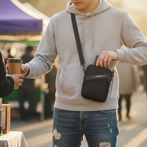 Image of POPCUBE PU Leather Small Crossbody Sling Bag for Men & Women | Travel Passport Pouch with 4 Zipper Compartments, Open Receipt Pocket & Adjustable Detachable Strap | 18cm x 6cm x 19cm