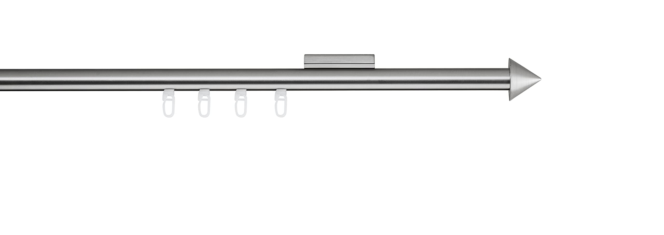 Gardinenstange auf Maß Innenlauf 20mm Spitze 1-lauf Vorhangstange Deckenträger 1,1cm Stilgarnitur mit Gleiter für Vorhänge Edelstahl-Optik 220cm