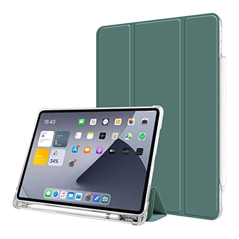 ZOYU Case for iPad Air 5th / 4th Generation 2022/2020 10.9 Inch, Auto Sleep/Wake Slim Clear Transparent Smart Cover, Soft TPU Back Shockproof Case with Pencil Holder for iPad Air 5/4, Dark Green Cover