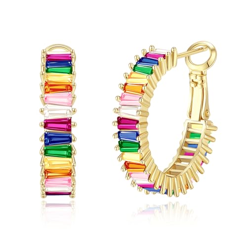 GLOQUAT Colorful Crystal Hoop Earrings 14K Gold Plated Rainbow Hoops for Women 925 Sterling Silver Post Vintage Colorful Cubic Zirconia Fashion Round Circle Hoops Trendy Pride Earrings Jewelry 25mm