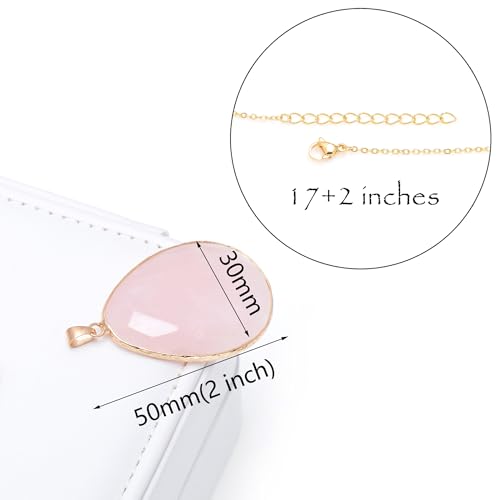 Paialco Faceted Cut Natural Rose Quartz Crystal Big Flat Drop Pendant Necklace, Yellow Gold Gilt 6