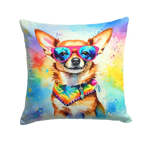 Caroline's Treasures DAC2489PW1414 Chihuahua Hippie Dawg Fabric Decorative Pillow Machine Washable, Indoor Outdoor Decorative Pillow for Couch, Bed or Patio, 14Hx14W