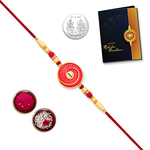 Image of Periapt Multicolor Vecor Illustrations Colorful Beads Rakhi / Bracelet (K1 540) with Silver Color Pooja Coin, Tilak Set & Greeting Card, Rakhi Set for brother, Fancy Rakhi for brother, bracelets for men stylish, handmade rakhi, chandi ki rakhis, Men bracelet, online Rakhi combo, Men bracelet, Set of 1