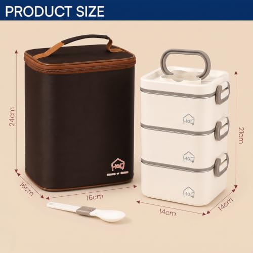 Image of House of Quirk 304 Stainless Steel Lunch Box, 3 Containers with 1 Divider Container, Insulated Lunch Bag & Spoon, Leakproof Bento Tiffin Box for Office, School & College, BPA Free (Beige)