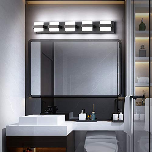 Image of SOLFART 5 Lights Black Bathroom Modern Vanity Lights LED Vanity Light Black Bathroom Lights Over Mirror 34 inch White Light Dimmable