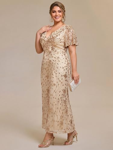 Image of Ever-Pretty Plus Women's Sequin V Neck Plus Size Prom Dress Mermaid Formal Cocktail Evening Dresses for Curvy Women