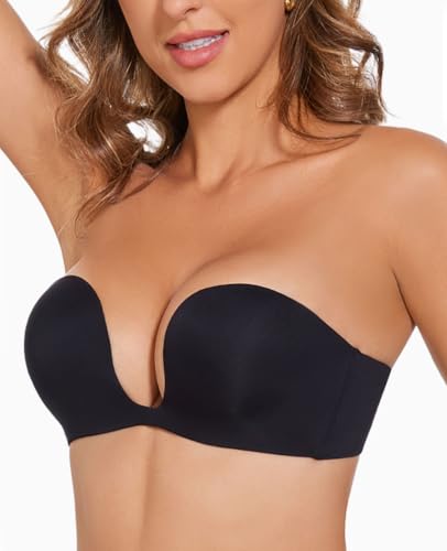 Image of YANDW Plunge Strapless Push Up Bras for Women Padded Non Slip Deep U Shape Low Cut Convertible Seamless Bra Underwire