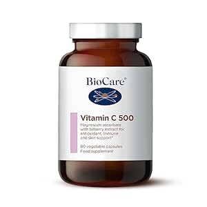 BioCare Vitamin C 500 – Magnesium Ascorbate with Bilberry Extract for Antioxidant, Immune & Skin Support – 60 Capsules