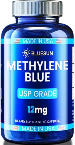 Bluesun Methylene Blue Capsules - USP Grade Made in USA 3rd Party Tested - Pharmaceutical Grade 12mg with Vitamin C Ester Supplement for Mitochondrial Function - No Stain 90 Day Supply