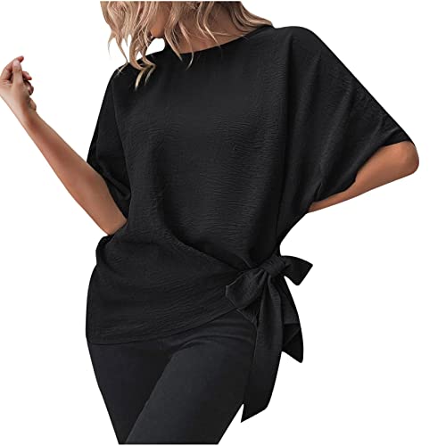 Womens Elegant Tie Side Tops Short Sleeve Batwing Blouses Casual Loose Fit Tunics Dressy Office Summer Shirts Black
