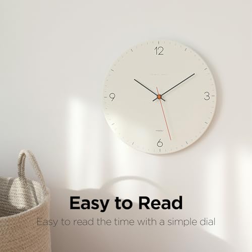 Image of mooas Flatwood Wall Clock,12 inch Non-Ticking Sweep Movement (Simple White) | Decorative Battery Operated Wall Clock for Home Living Room Kitchen Bedroom Office School