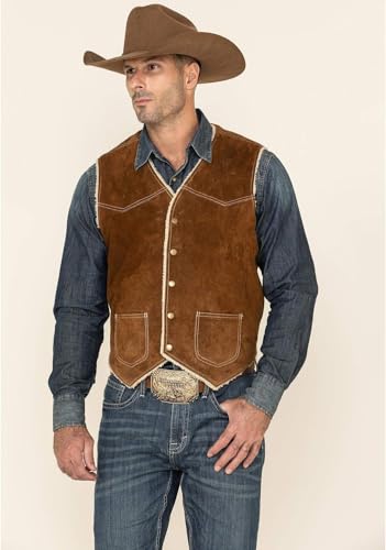 Mens Old Western Style Cowboy Suede Leather Sherpha Vest : Western Yokes Leather Vest3