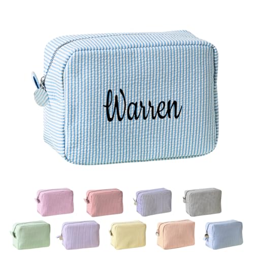 Ulico Personalized Cosmetic Bag Embroidered Name,Custom Monogrammed Makeup Bag，Seersucker Travel Toiletry Bag for Women Girls, Lake Blue