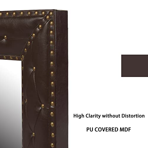Image of Unique Makeup Mirror Dressing Rectangle Wall Mounted Vanity with Fabric PU Covered MDF Rivet Framed, Rustic Home Decor, Living Room, 21x26inch