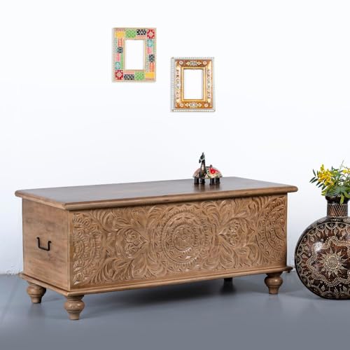 Image of Natura Solid Wood Coffee Table for Living Room Wooden Trunk Box for Storage | Handcrafted Center Table for Living Room with Sandook Storage | Pitara for Home and Bedroom (Natural Brown)