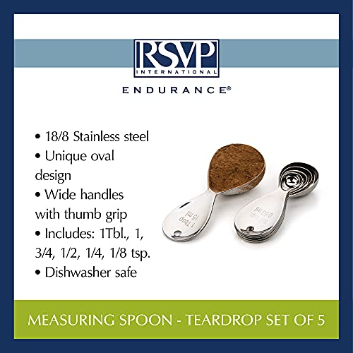 Rsvp International Endurance Kitchen Collection Measuring Spoons, Dishwasher Safe, Teardrop, 5 Piece, Stainless Steel #TOP7