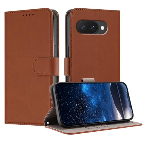 Protège-écran Google Pixel 9 : étui portefeuille cuir café contre les chocs et chutes