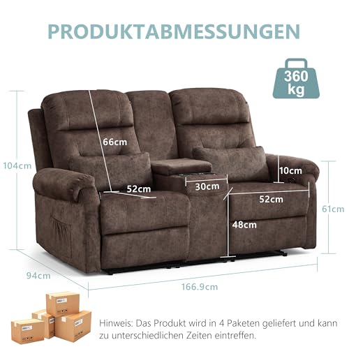 SITURAY Zweisitzer Relaxsessel mit Liegefunktion Fußteil, Manuell Verstellbar 2 Sitzer Fernsehsessel Doppel TV Sessel, 2er Samt Stoffbezug Kinosessel mit Konsole für Wohnzimmer,bis 360 kg (Braun) – Bild 4