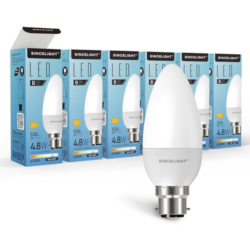 SINCELIGHT LED-Glühbirnein Kerzenform mit B22-Sockel,RA≈92, 5W(500Lumen)≈50W Halogen, Kaltweiß (6500K), Nicht Dimmbar, 6er-Pack