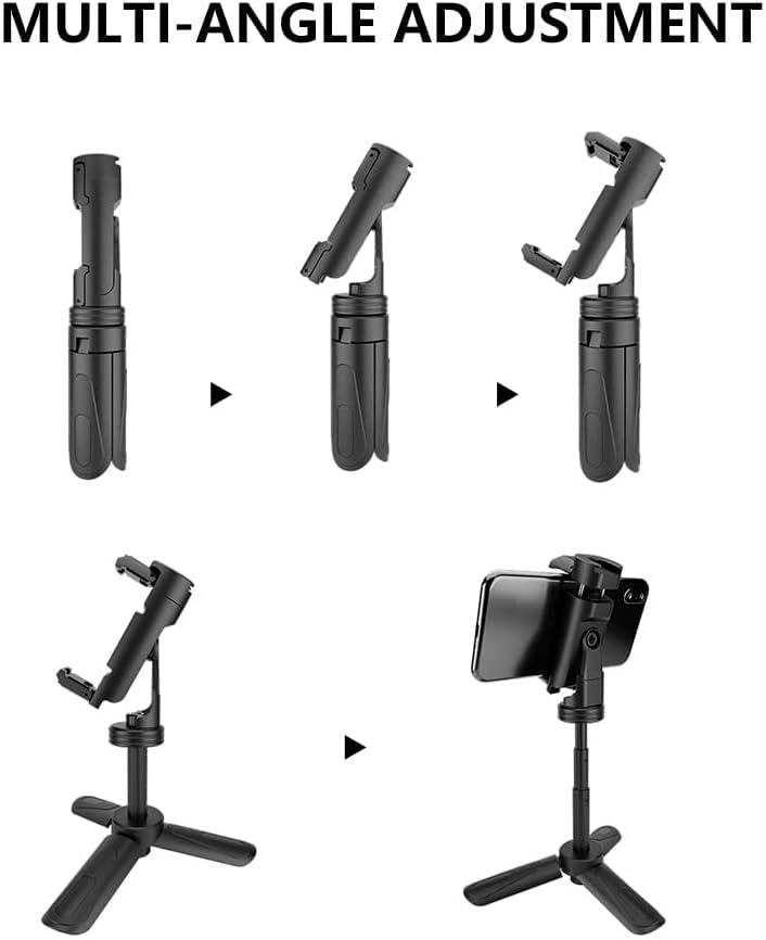 Sequence of images demonstrating how the tripod and phone holder can be adjusted to various angles, from folded to fully extended and tilted.