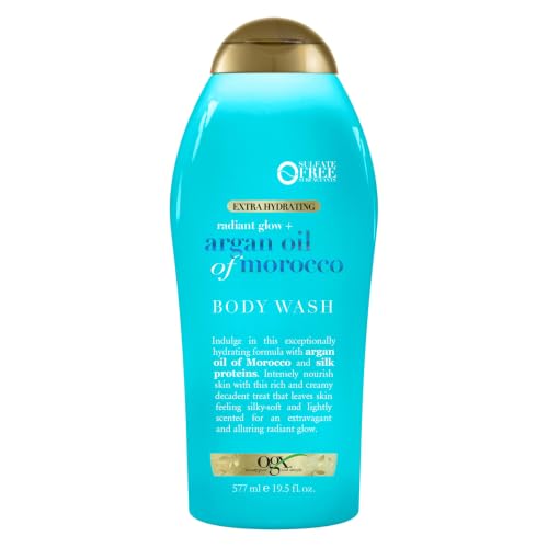 OGX Radiant Glow + Argan Oil of Morocco Extra Hydrating Body Wash for Dry Skin Moisturizing Gel Cleanser for Silky Soft Skin Body Wash for Women Sulfate-Free Surfactants 19.5 fl oz