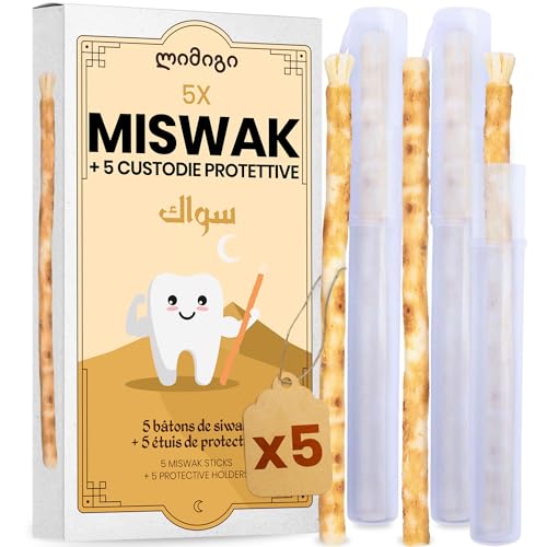 MODOGO® Siwak Naturale x5 con Custodia x5 - Spazzolino Ecologico per Denti - Miswak Africano per Pulizia, Sbiancamento e Igiene Orale - Bastoncini di Araak come Alternativa Sostenibile