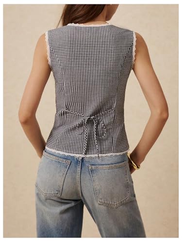 Women's Gingham Button Down Tank Tops Lace Trim Sleeveless Crew Neck Elegant Vest Top3