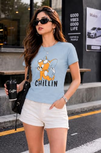 Image of Preneum Women's Graphic Printed T-Shirt, Round Neck Half Sleeve Casual Slim Fit Cotton Blend Tee, College, Office & Travel