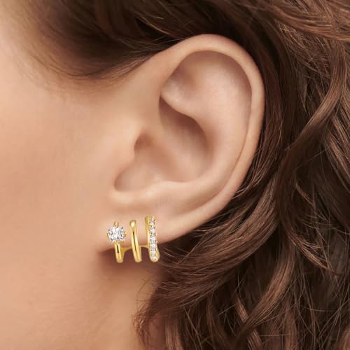 14K Gold Plated Triple Hoops Illustion Stud Earrings | Double Huggie Hoop Earrings for One Hole Illusion Stud Earrings |Zirconia Gold Hoop Earrings for Women4