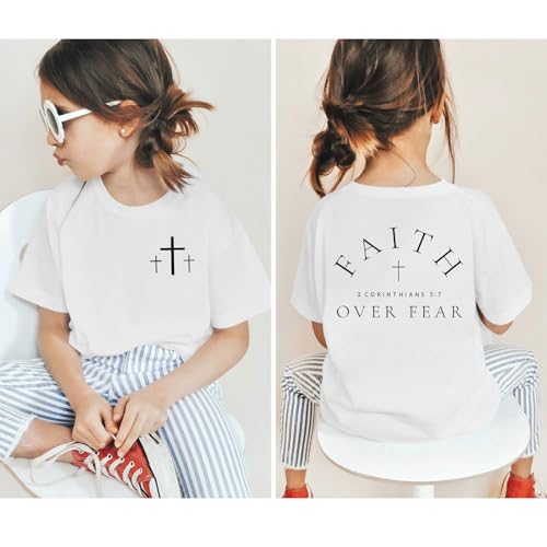 Image of Girl's Faith Over Fear Shirt Christian Bible Verse Shirts Cross Graphic Tees for Tween Girls Kid Inspirational Tops