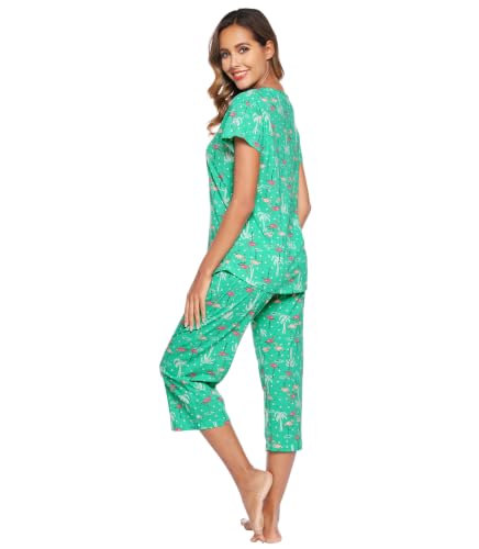 Image of ENJOYNIGHT Womens Pajama Sets Cotton Pj Set Short Sleeve Top With Capri Pants Sleepwear 2 Piece Lounge Set