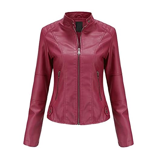YYNUDA Chaqueta de piel sintética para mujer, hombres, aviador, moto, piel sintética, con cremallera, cálida y casual, rojo, XXL