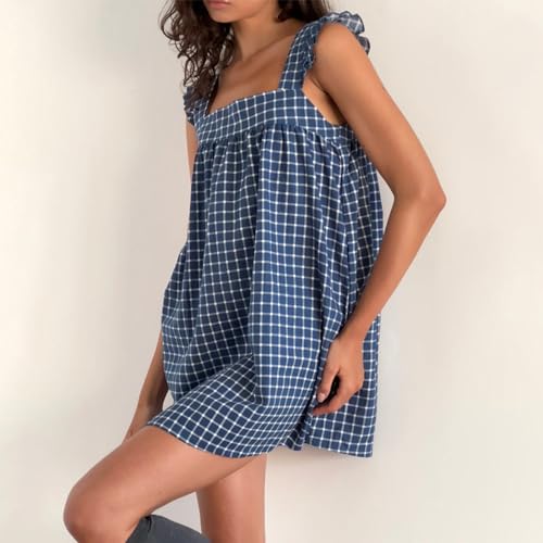 Image of NUFIWI Y2K Ruffle Hem Babydoll Mini Dresses Square Neck Spaghetti Strap Short Dresses Boho Flowy Patchwork Sundress Vocation