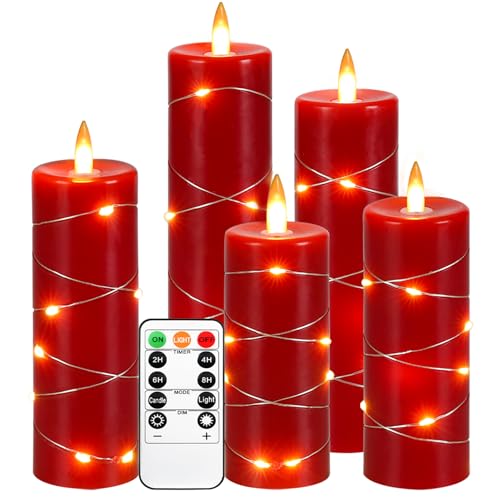 Lot de 5 bougies LED sans flamme à piles - 10,2 cm, 12,7 cm, 15,2 cm, 17,8 cm, 20,3 cm - En cire véritable - Flamme réaliste - Avec télécommande à 10 boutons et minuterie de 24 heures (rouge)