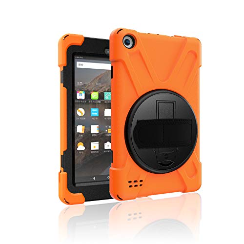 Amazon Kindle Fire 7 (��9����/��7����, 2019/2017) �P�[�X �ϏՌ� ��� �h�o 360°��]�X�^���h �����J�b�g �n���h�X�g���b�v �d�� ���� �q���ɑΉ� �S�ʕی�J�o�[ (�I�����W)