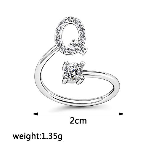 Image of HUJUON Silver Initial Letter Ring for Women. Adjustable Crystal Alphabet Ring,Name Initials Stackable Knuckle Rings A-Z CZ Open Ring