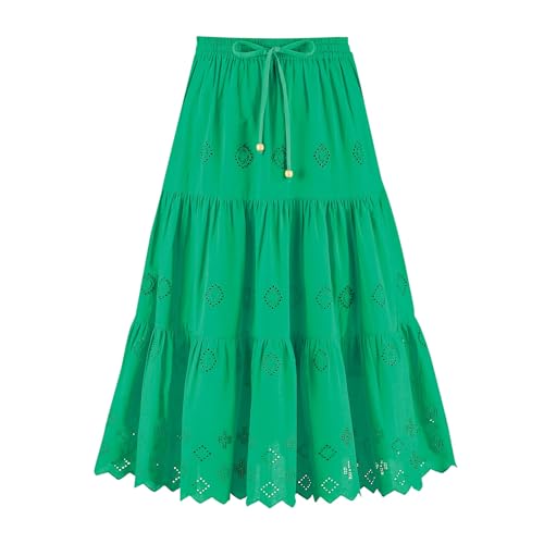 Collections Etc Women's Tiered Eyelet Detail Scalloped Border Hem Elasticized Waist Skirt Jade Medium