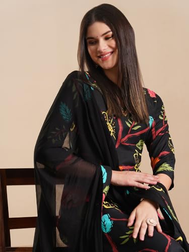Image of GoSriKi Women's Rayon Blend Straight Printed Kurta with Pant & Dupatta