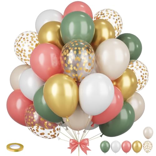 Image of Sage Green Pink Balloons, 12 Inchs Retro Pink Green White Metallic Gold Balloons, Pastel Birthday Balloon for Girls' Birthdays Jungle Safari Baby Shower Wedding Party Decoration