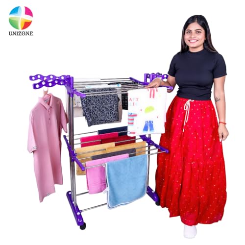 Image of UNIZONE Foldable Double Pole 2-Tier Stainless Steel Clothes Drying Stand with Side Wings | Indoor Outdoor Laundry Hanger Rack for Balcony /Home Use | Space Saver (Purple)