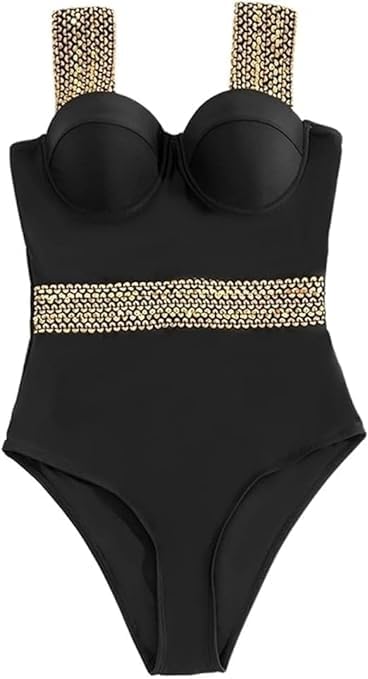 Black Wide Strap One Piece Swimsuit| Contrast Trim Push Up Suit| Vertical Seams Swimsuit for Women| Women’s Belly Swimwear| Stylish Teddy Underwire,All-in-One Bodysuit for Women