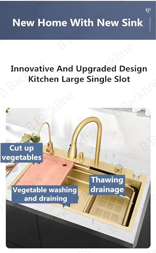 Image of B Backline Kitchen Sink SS 304 Grade Modular Sink With Pull-Down Faucet and Rainfall Mode,RO Mineral Water Tap, Glass Washer, Fruit Basket, Chopping Board, Kitchen Sink 30 inch X 18' inch X 9 inch Inches (Gold)