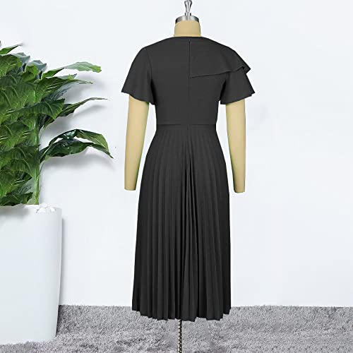 AOMEI Women's Short Sleeve Asymmetrical Ruffles High Waist Pleated Hem Midi Spring Dress4