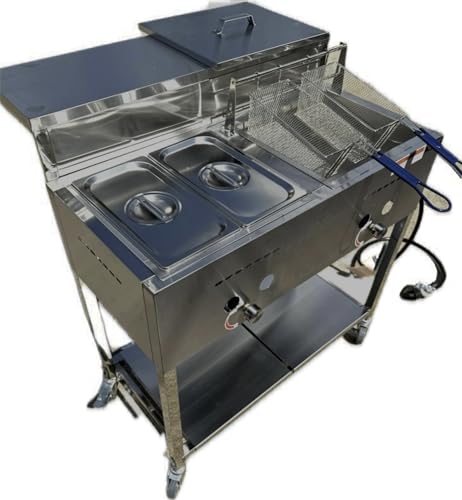 Deep Fryer Cart with 30 lb 3 Gallon Single Tank | Stainless Steel | Portable 4 Wheel | 2 Fryer Baskets | 2 Pan Steam Table | Outdoor Propane Frying Cart for Chicken, Fish, & More | Commercial & Home